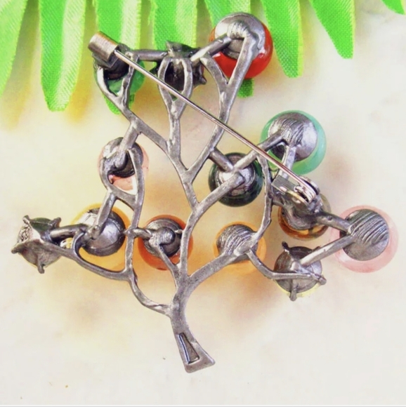 New Rhinestone Multi Colored Agate Silver Tree Pin Brooch. - Picture 2 of 7